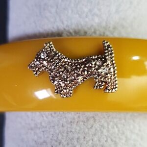 Lucky Feather Doggie Bangle Yellow Resin Scottie Dog Rhinestone Bracelet 7.5in